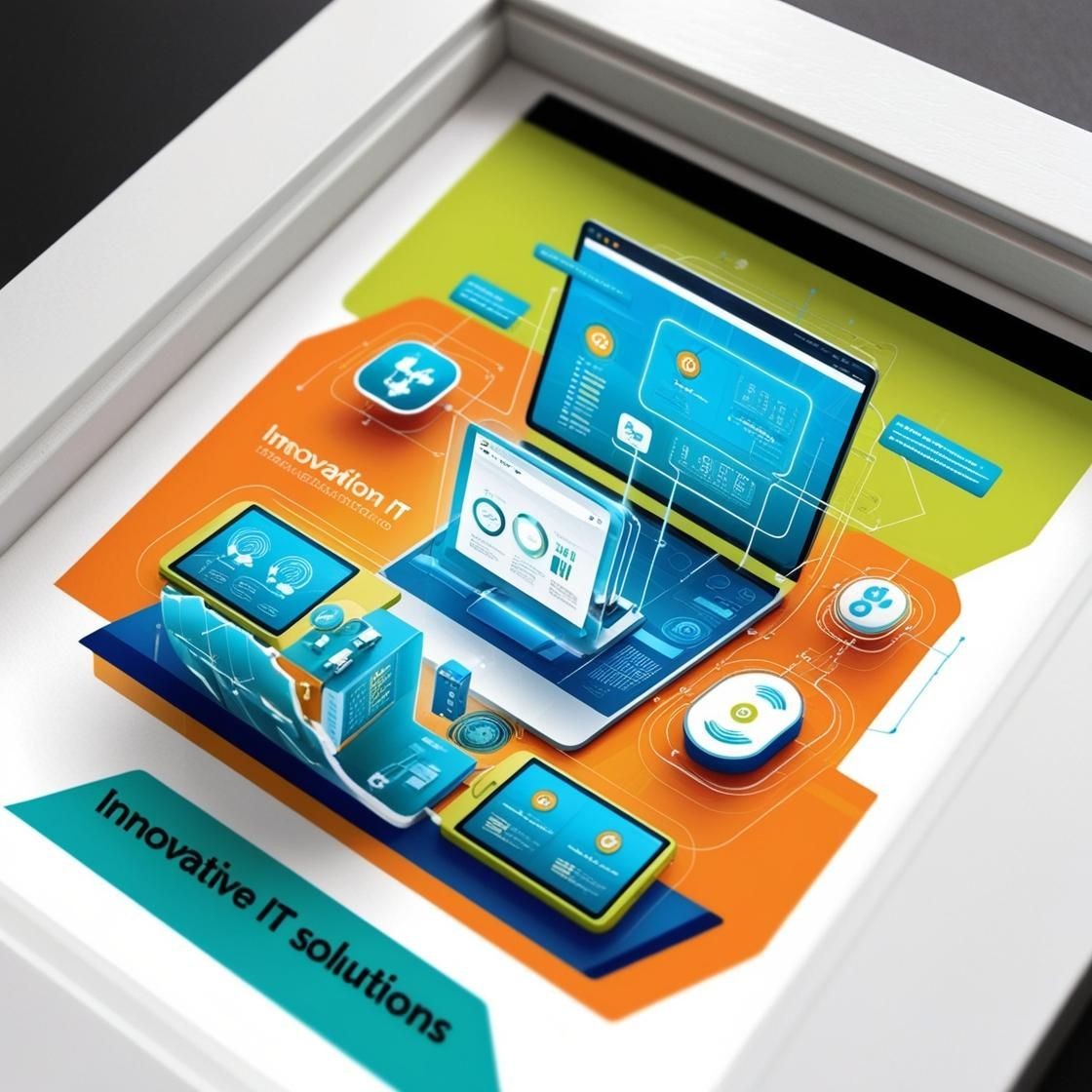 Digital illustration showcasing innovative IT solutions with connected devices and data charts.