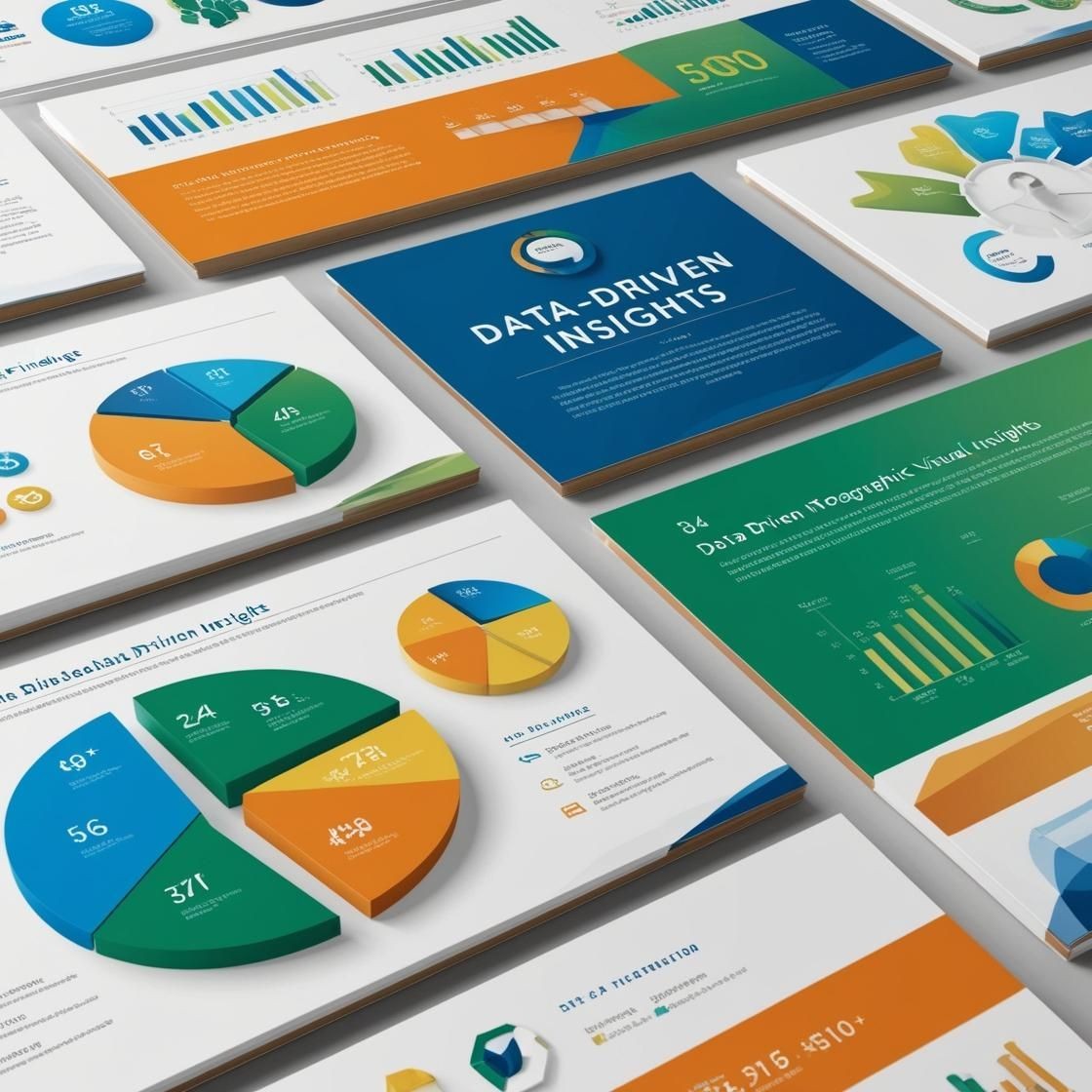 Collection of data-driven infographic pages with pie charts, bar graphs, and various colorful visual elements.