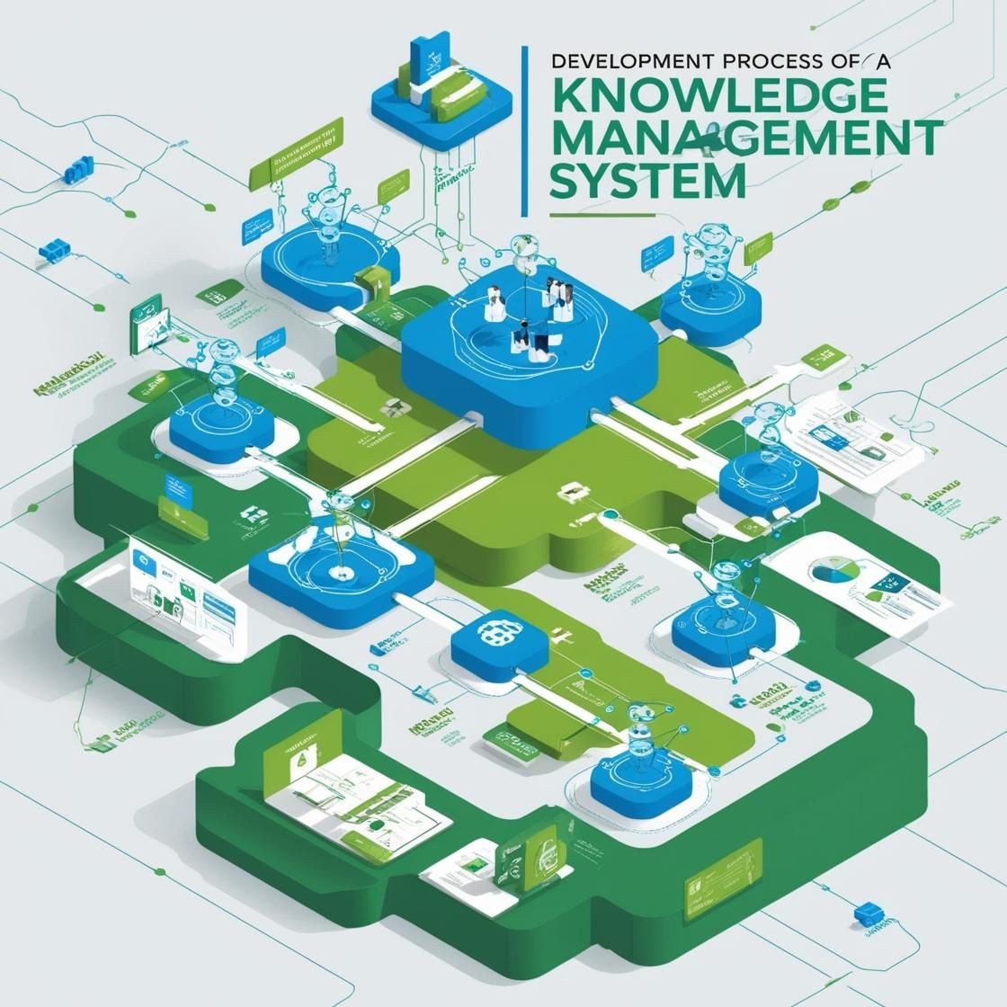 Diagram illustrating the development process of a knowledge management system, featuring various interconnected blue and green components.