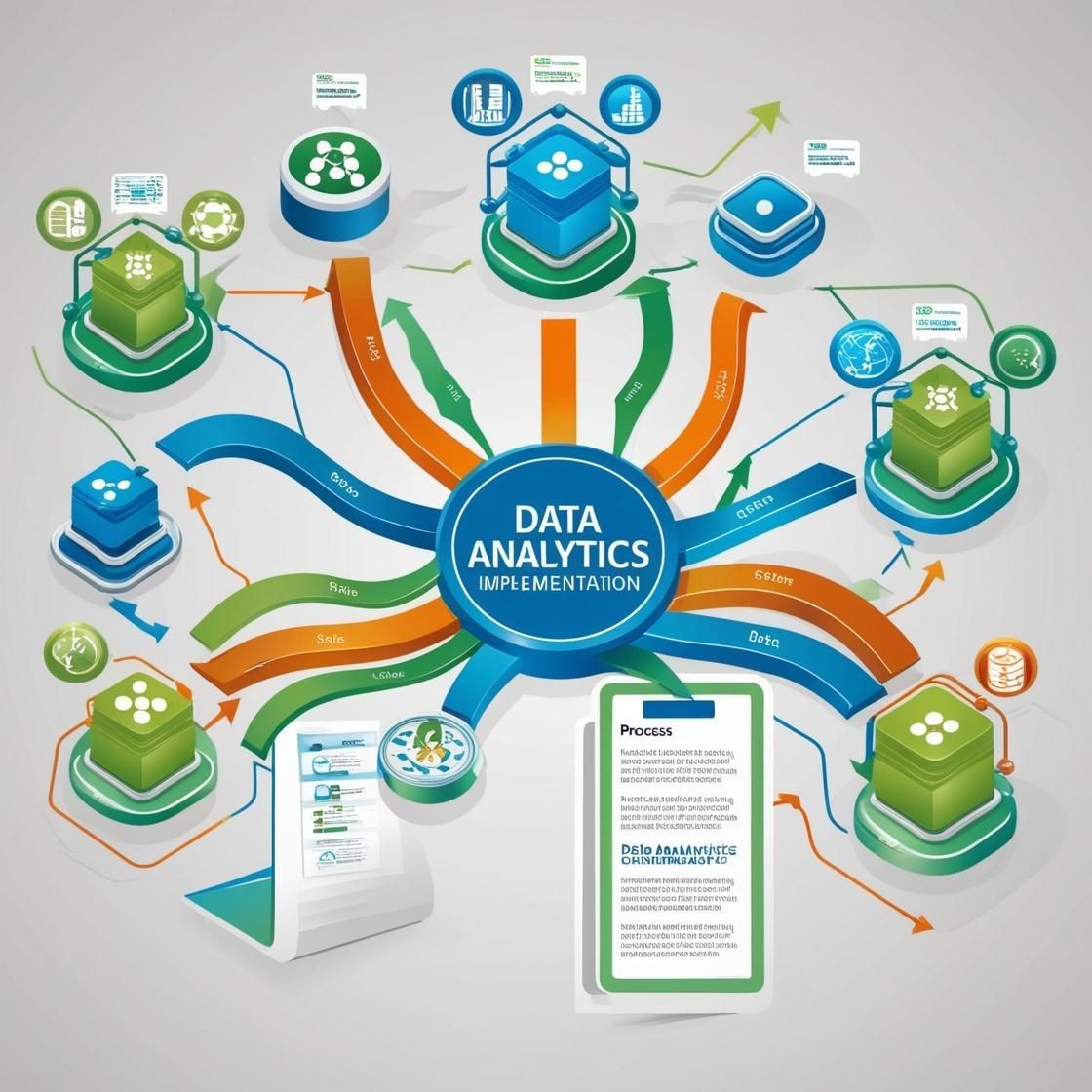 Infographic of data analytics implementation showing interconnected pathways between various data sources and processes.