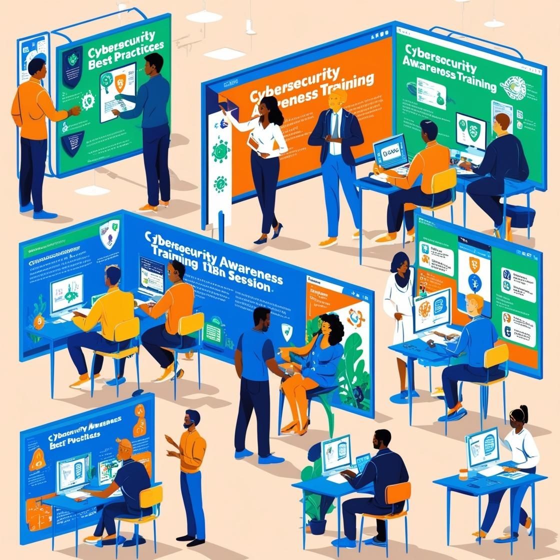 Illustration of people participating in cybersecurity awareness training sessions with informational boards and computer setups.