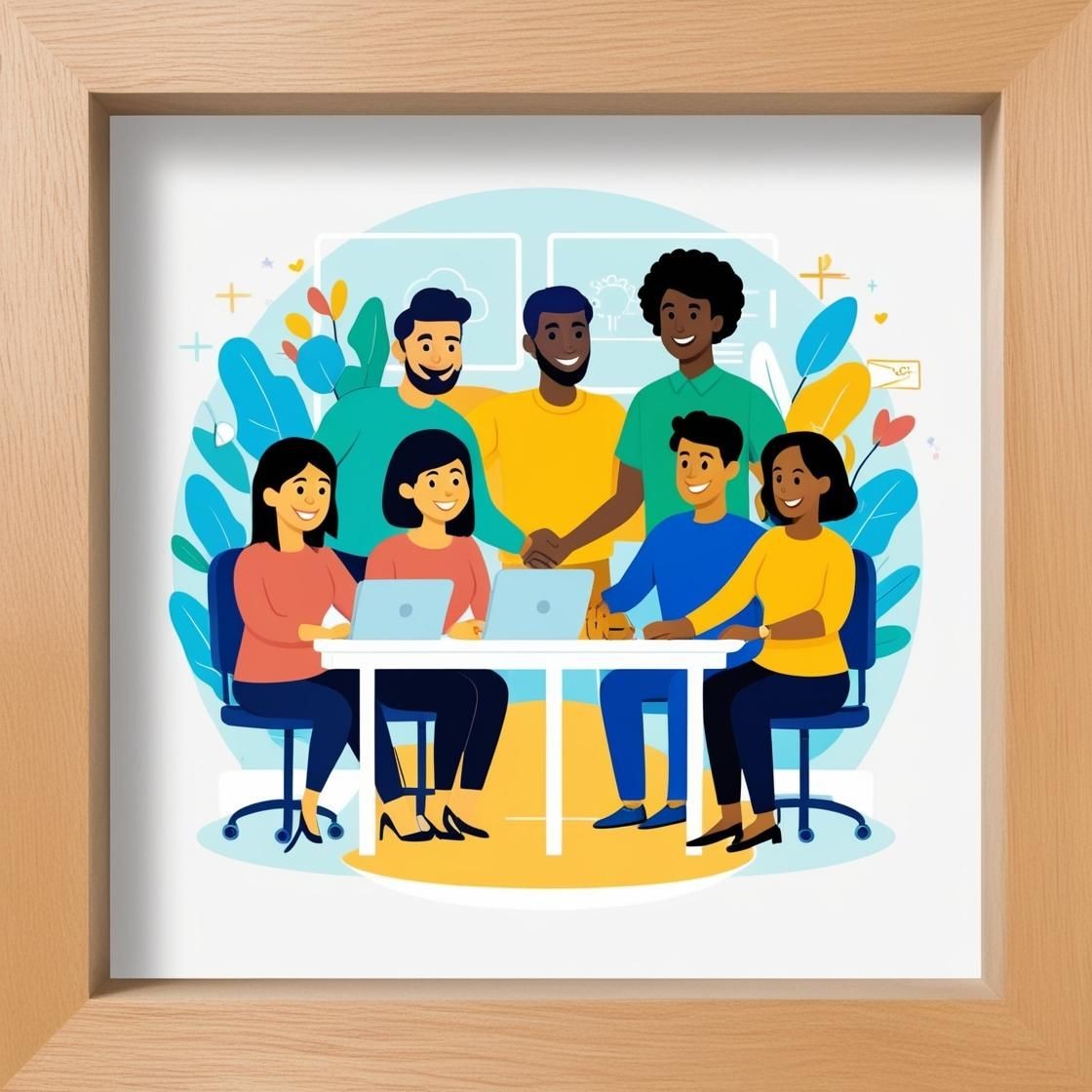 Illustration of a diverse group working together at a table with laptops and papers.